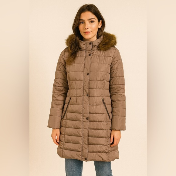 Kenneth Cole Jackets & Blazers - Kenneth Cole Taupe Puffer Coat Women’s XL Long Hooded Jacket Faux Fur Lined Warm